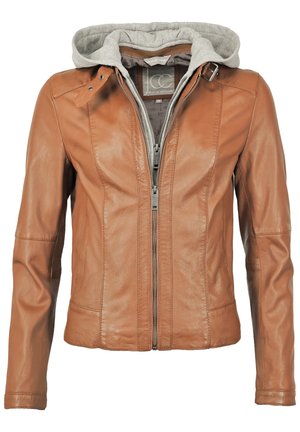 Bruine leren jas met een grijze hoodie voering, voorzien van een ritssluiting, aansluitend design en stikseldetails op de mouwen en zijkanten.