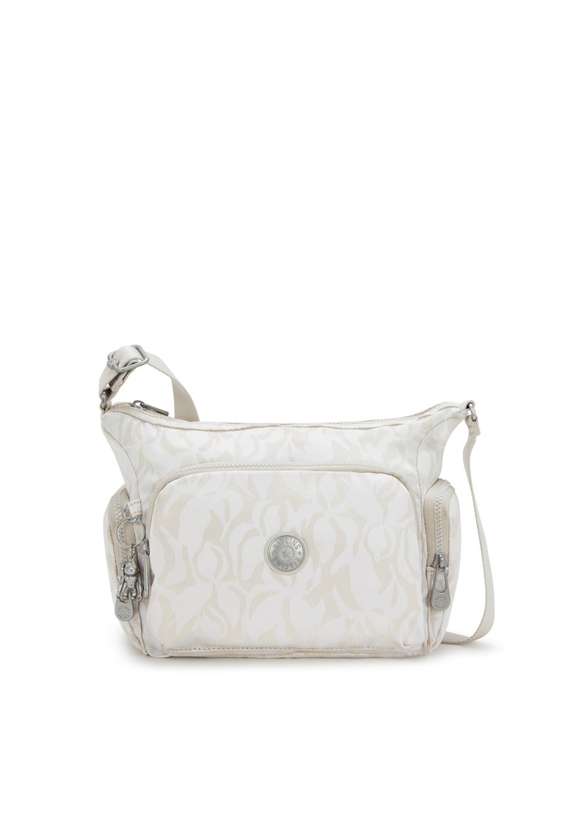 Borsa a tracolla bianca in tessuto con motivo floreale, compartimenti con zip, hardware in argento e tracolla regolabile. Texture simile alla seta.
