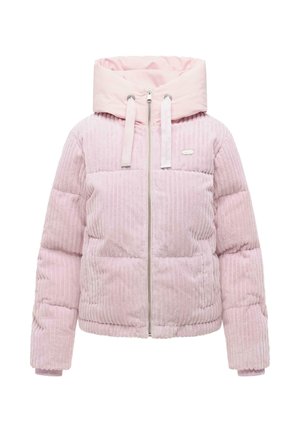 Giacca imbottita rosa chiaro con texture a coste verticali, zip frontale, cappuccio con coulisse e maniche lunghe con tasche nascoste.