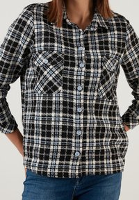 Camicia a quadri in bianco e nero, realizzata in tessuto texturizzato, con bottoni blu, due tasche sul petto e un'apertura frontale con bottoni e maniche lunghe.