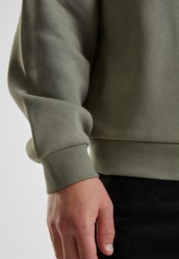 Grøn sweatshirts med afslappet pasform, ribbede manchetter og nederste kant. Blød tekstur med et enkelt, udekoreret design. Hånden hviler ved bunden.