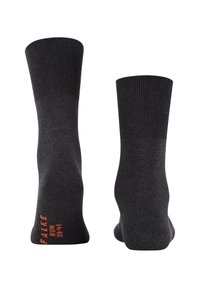 Pair of dark gray crew socks with ribbed cuffs, one showing orange "FALKE RUN 39-41" text on the sole.