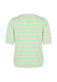 Striped knit top featuring light green and beige horizontal stripes, short sleeves, and a rounded neckline, made of soft fabric.