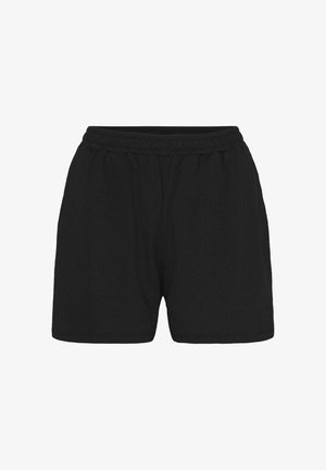 Czarne szorty z materiału frotte z elastycznym pasem i luźnym krojem, idealne do codziennych stylizacji lub na czas relaksu.
