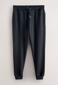 Pantalon jogger noir avec taille élastique et cordon, jambes fuselées avec poignets côtelés et poches latérales.
