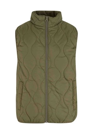 Quilted vest i olivengrønn, med høy krage, frontglidelås og to sidelommer. Glatt tekstur med bølgete mønstersting.