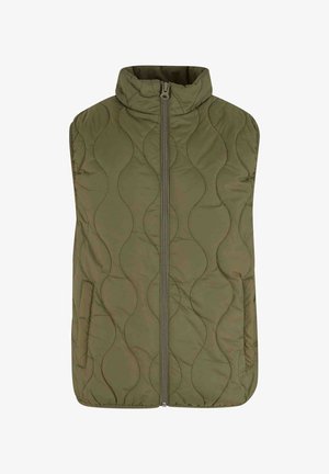 Olíva zöld steppelt mellény, magas gallérral, elülső cipzárral és két oldalsó zsebbels. Sima felület hullámos mintázatú varrással.