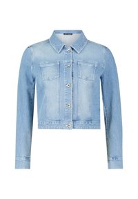 Veste en jean de couleur bleu clair, coupe courte, avec un col, deux poches poitrine et des boutons-pression argentés. Texture lisse et manches longues avec des poignets à boutons.