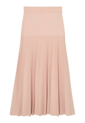 Falda midi de color rosa claro con cintura ajustada y diseño plisado que se extiende desde la mitad de la cadera hasta el dobladillo.