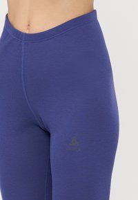 Blå leggings laget av elastisk stoff med en jevn tekstur. Inkluderer en logo på nederste høyre ben og en sømløs design på midjebåndet.