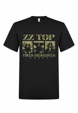 Zwarte katoenen T-shirt met een frontafbeelding van drie baardige figuren, tekst "ZZ TOP" erboven en "TRES HOMBRES" eronder in verouderd gele lettertype.