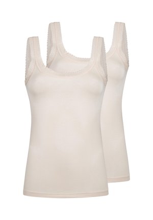 Two beige women's sleeveless tank tops with lace trim on straps and neckline, displayed against a white background.