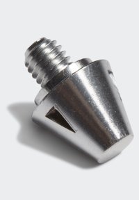 Metal cone-shaped bolt with a threaded end. Silver finish, featuring flat surfaces and triangular cutouts for design. Smooth texture.