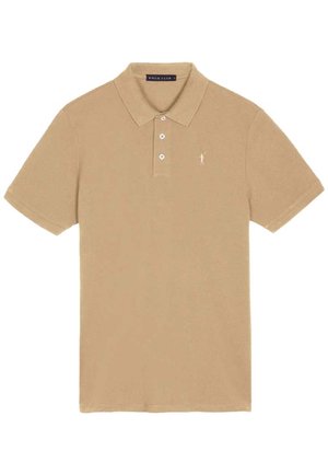 Beiges Poloshirt aus weichem Stoff mit klassischem Kragen, dreiknöpfiger Blende und kleinem gesticktem Logo auf der linken Brust.