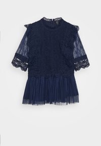 Marineblaue Bluse aus Spitze und plissiertem Stoff. Verfügt über einen runden Kragen, kurze Ärmel und dekorative, geraffte Spitzenbesätze.