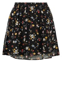 Jupe noire à motifs floraux, dotée d'une taille froncée, d'un tissu léger, de motifs de fleurs multicolores vifs et d'une forme évasée.