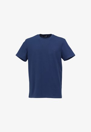 Navyblauwe katoenen t-shirt, ronde hals, korte mouwen, gladde textuur, met een klein logo op de borst. Eenvoudig, klassiek ontwerp.
