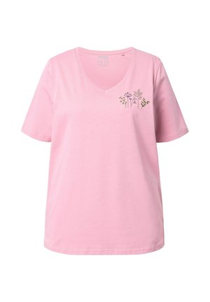 Rosa Baumwoll-T-Shirt mit V-Ausschnitt, kurzen Ärmeln und floralem Stickerei auf der linken Brust, die verschiedene Pflanzen und Blätter zeigt.