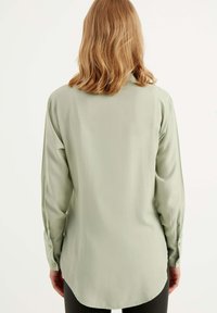 Camicia verde chiaro a maniche lunghe con una texture liscia, polsini bottonati e orlo curvo. Sul retro presenta elementi di design minimi.