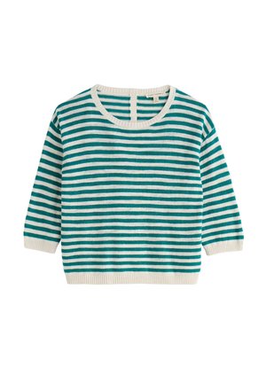 Lühikeste varrukatega kampsun, millel on rohelised ja valged horisontaalsed triibud ning soonikuga ümmargune kaelus, varrukasääred ja serv.