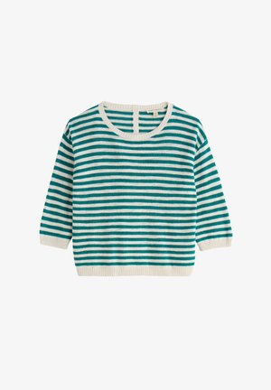 Lühikeste varrukatega kampsun, millel on rohelised ja valged horisontaalsed triibud ning soonikuga ümmargune kaelus, varrukasääred ja serv.