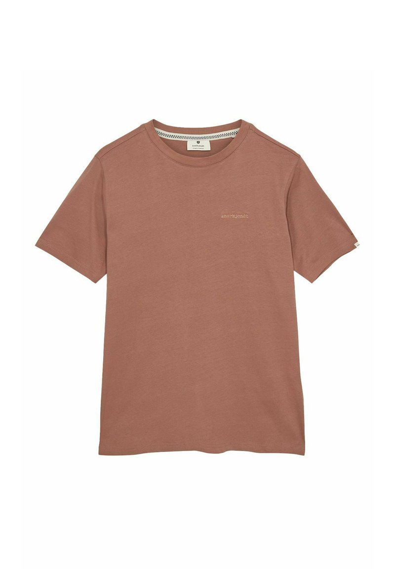 Bruine katoen T-shirt met korte mouwen, ronde hals en klein beige logo op de borst. Zachte textuur en casual ontwerp.