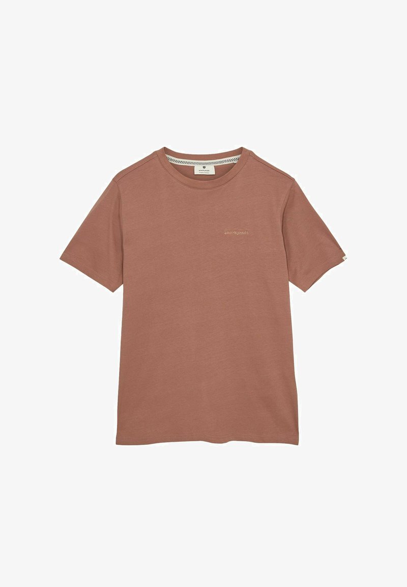 Bruine katoen T-shirt met korte mouwen, ronde hals en klein beige logo op de borst. Zachte textuur en casual ontwerp.