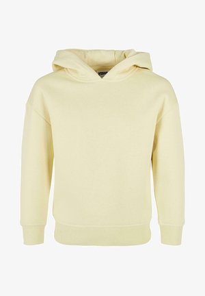 Felpa gialla con cappuccio, dal tessuto morbido, vestibilità comoda, spalle scese e polsini e orlo a coste. Nessuna grafica o motivo visibile.