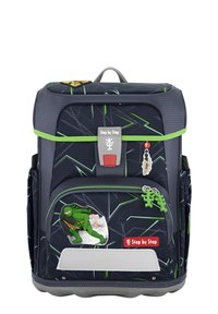 Schwarzer und grüner Kinder-Rucksack mit geometrischen Mustern, zentralem Fach, Fronttasche und Gummizippern mit Charakterdesigns.
