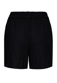 Shorts noirs décontractés avec ceinture élastique et poches latérales, confectionnés en tissu léger, adaptés au port quotidien.
