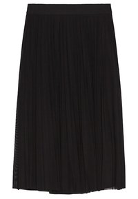 Svart plisserad midikjol med bred midjeband och lätta, halvgenomskinliga tyglager för en flödande passform.