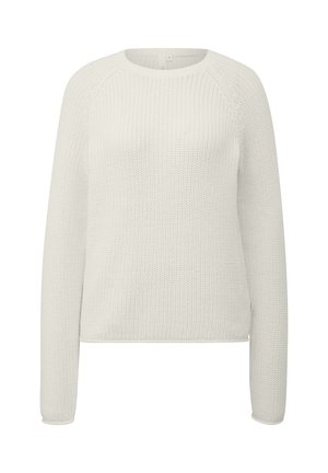 White knitted sweater with long sleeves, crew neck, and a textured pattern. Hem and cuffs are slightly ribbed. Casual design.
