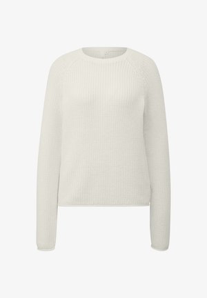 Biały sweter dzianinowy z długimi rękawami, okrągłym dekoltem i teksturowanym wzorem. Dolna krawędź i mankiety są lekko prążkowane. Casualowy design.