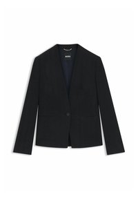 Sort blazer med et struktureret fiskebensmønster, enkelt knaplukning, klippede revers og to forlommer. Foret inderside synlig.