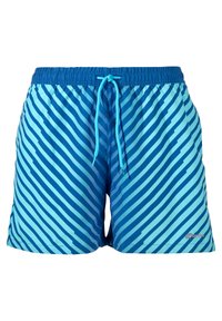 Shorts de bain bleus avec un motif à rayures dégradées dans différentes nuances de bleu. Taille élastique avec cordon de serrage ajustable. Texture douce.