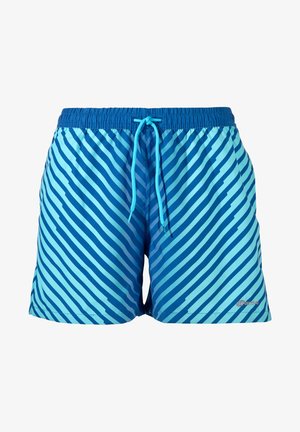 Shorts de bain bleus avec un motif à rayures dégradées dans différentes nuances de bleu. Taille élastique avec cordon de serrage ajustable. Texture douce.