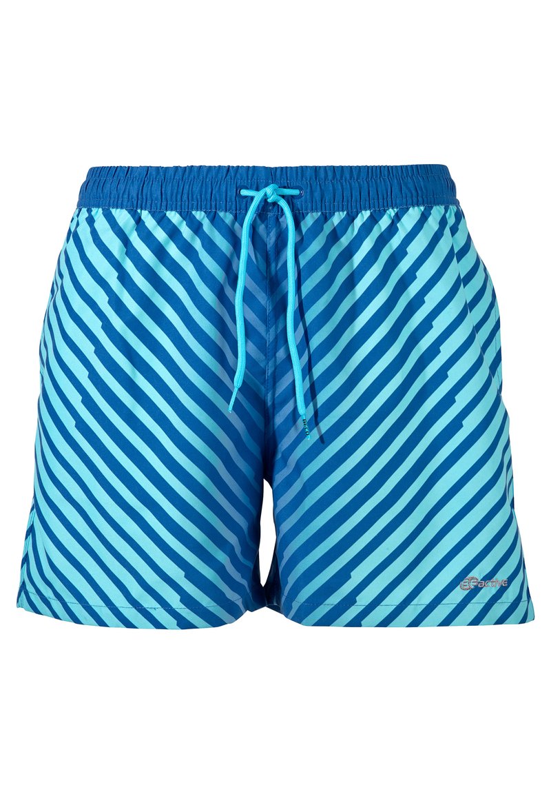 Shorts de bain bleus avec un motif à rayures dégradées dans différentes nuances de bleu. Taille élastique avec cordon de serrage ajustable. Texture douce.