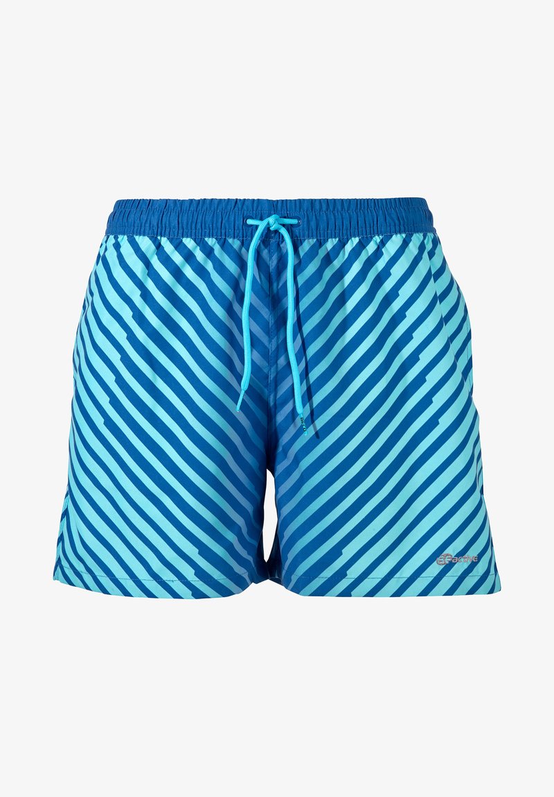 Shorts de bain bleus avec un motif à rayures dégradées dans différentes nuances de bleu. Taille élastique avec cordon de serrage ajustable. Texture douce.