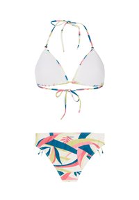 Bikini set koji se sastoji od bijelog trokutastog topsa s višečanim trakama i donjeg dijela s uzorkom u ružičastoj, zelenoj i plavoj boji, izrađenog od rastezljivog materijala.