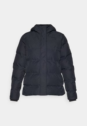 Črna napihnjena jakna s kapuco, ki ima quilted obliko, sprednji zip zapiralo in rebraste manšete, izdelana iz gladkega, vodoodpornega materiala.