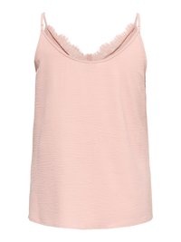 Haut camisole sans manches rose clair avec bretelles fines réglables et bordure en dentelle le long du décolleté en V.