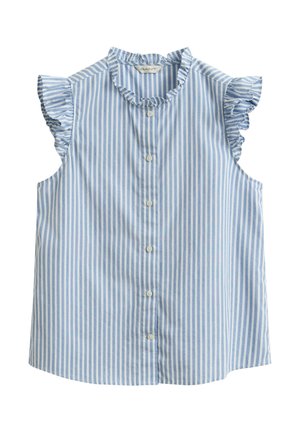 Αμάνικο μπλούζα με κάθετες ρίγες σε μπλε και λευκό χρώμα, με κουμπιά στο μπροστινό μέρος και βολάν στο γιακά και τις μασχάλες.