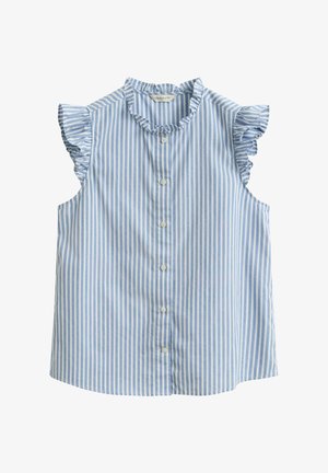 Blusa senza maniche a righe verticali blu e bianche con bottoni frontali e collo e scollature arricciate.