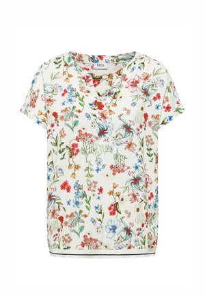 Bílá halenka s krátkým rukávem s barevným květinovým potiskem, výstřihem do V se zapínáním na knoflíky a jemným černým pruhem podél lemování.