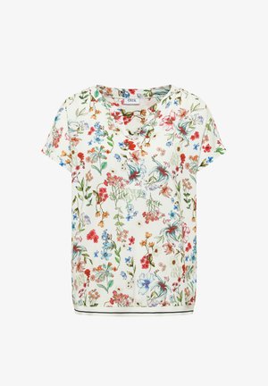 Valkoinen lyhythihainen pusero, jossa värikäs kukkakuvio, V-aukko napillinen ja hienovarainen musta raita helman kohdalla.