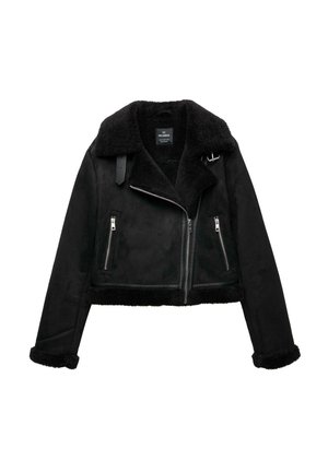 Black faux shearling jacket with a cropped design, thick collar, zippered pockets, and leather accents. Soft texture and sturdy construction.