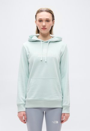 Žena stoji, nosi svijetloplavu hoodicu i sive tajice, oba s logotipom The North Face, na jednostavnoj bijeloj pozadini.