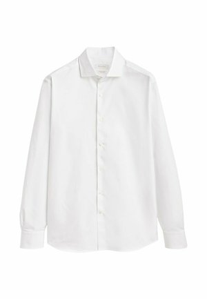 White long-sleeve button-up dress shirt with pointed collar and buttoned cuffs, displayed flat on a white background.