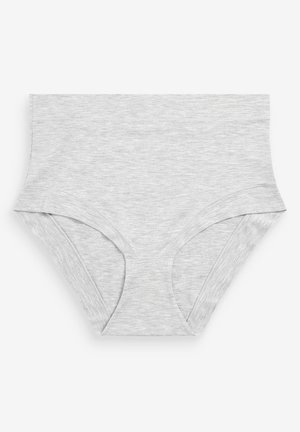 Brief in cotone grigio con design a vita alta, texture liscia e ampia fascia elastica in vita. Presenta aperture per le gambe e cuciture piatte per il comfort.