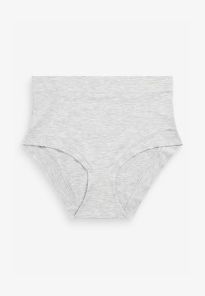 Culotte en coton gris avec une taille haute, texture lisse et large ceinture élastique. Présente des ouvertures pour les jambes et des coutures plates pour plus de confort.